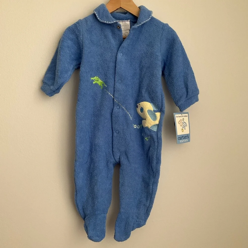 Carter's NWT Blue Terry Footed One-Piece with Frog Embroidery and Dog applique